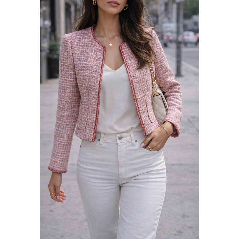Bebe Tweed Blazer Womens 6 Pink Excellent Wool Blend Faux Leather Trim Cropped‎
